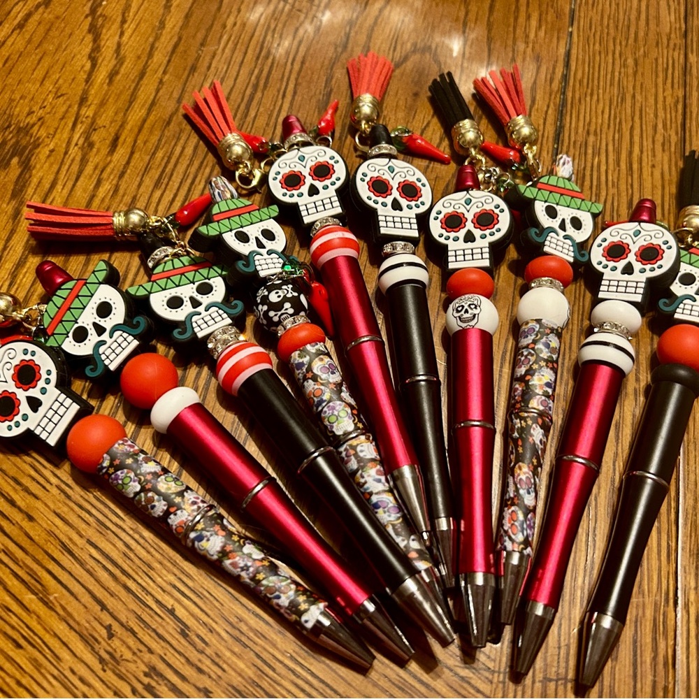 SUGAR SKULL Hand Beaded Pens DAY OF THE DEAD 3 for $10